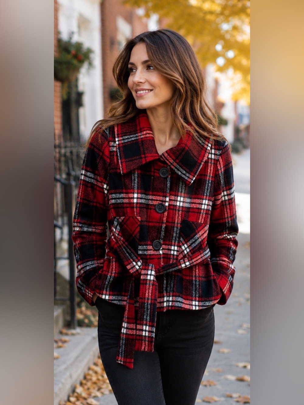 Ambition Red Black Plaid Belted Jacket XL Oversized Collar